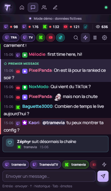 Le dock de chat en action : les messages de toutes les chaînes arrivent en direct dans un seul fil