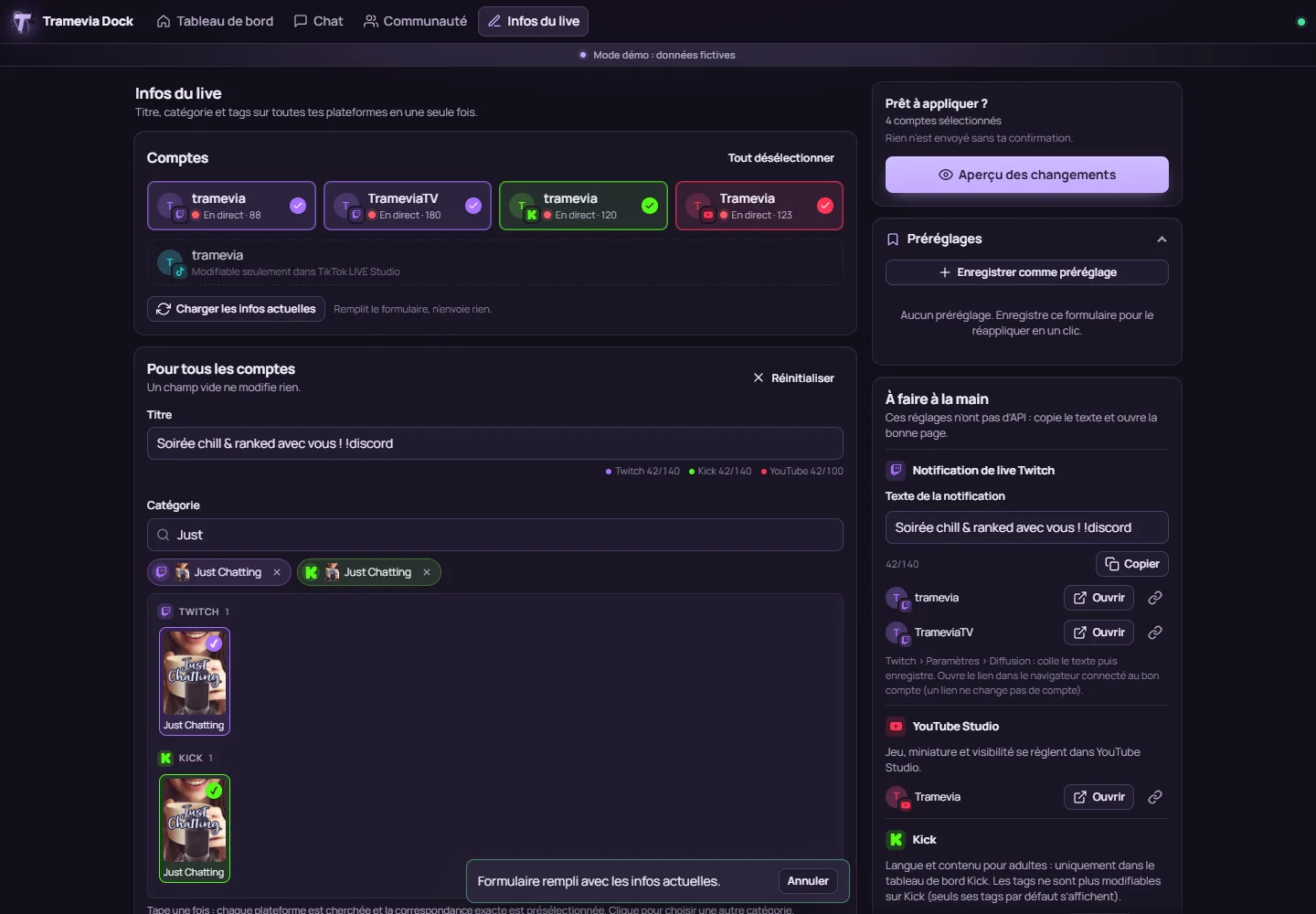 Le dock Infos du live : quatre comptes sélectionnés, un seul titre et une catégorie appliqués à Twitch, Kick et YouTube
