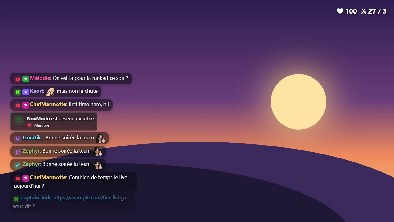 Une scène de live avec le chat affiché à l’écran : messages de YouTube, Kick, Twitch et TikTok mélangés dans un seul fil