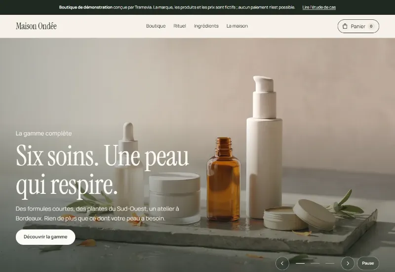 Page d’accueil de la boutique en ligne Maison Ondée, marque de soins