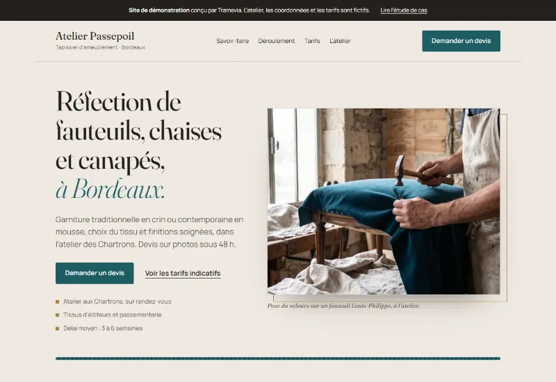 Page d’accueil du site Atelier Passepoil, atelier de tapisserie