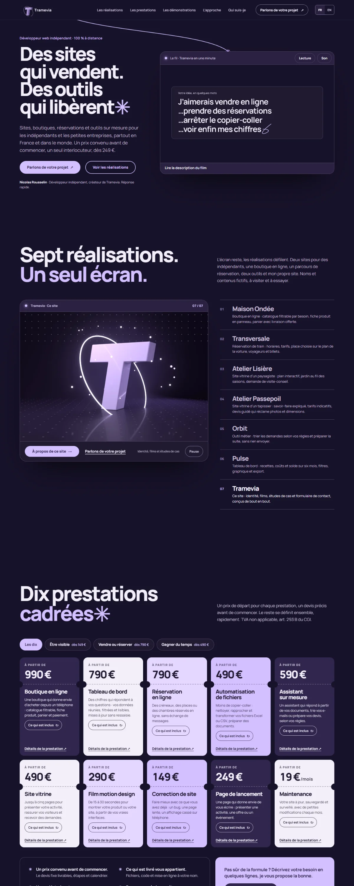 Le site tramevia.com qui défile : l’accueil « Des sites qui vendent. Des outils qui libèrent », les sept réalisations, puis les dix prestations et leurs tarifs