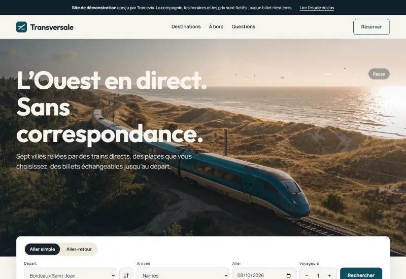 Écran de recherche de trajets de Transversale, service de réservation de train